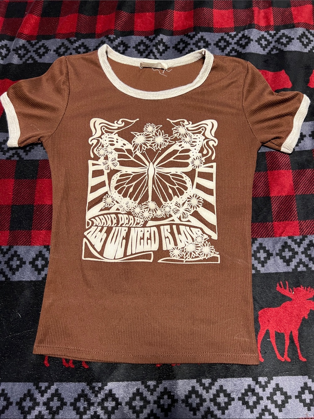 Brown Ribbed Ringer Tee with White Butterfly Graphic